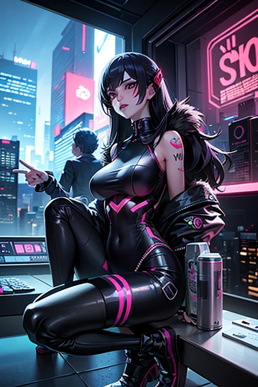 there is a woman sitting on a chair with a rainbow light, 3 d neon art of a womans body, neon-noir background, cyberpunk femme fatale, seductive cyberpunk dark fantasy, cyberpunk strip clubs, cyberpunk 20 y. o model girl, oppai cyberpunk, banner, high definition cgsociety, cgsociety masterpiece, trending on cgstation, kda