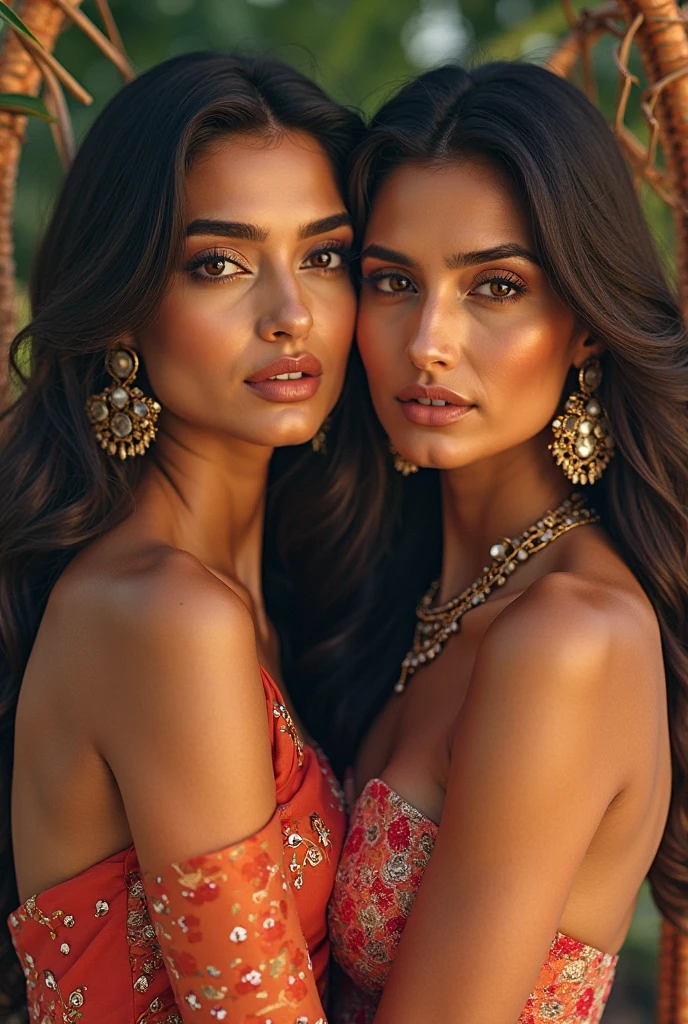Kendall jenner and kiara advani in black red saree, selfie, night, without light, no shining, cloud, noises, raw photo