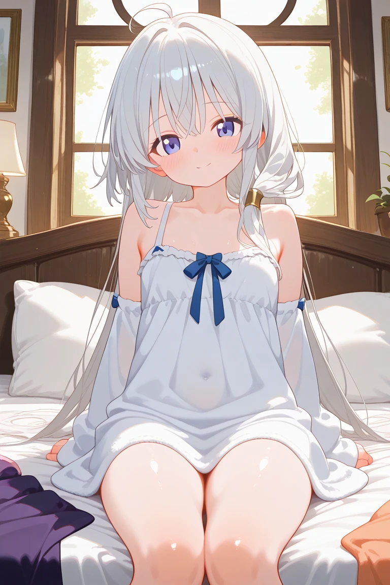 1girl, (), cute daughter, happy, short hair, twintail hair, cute pink mini dress, upskirt, spread cameltoe, ((((((cum inside white panties side tie))))), lying, bedroom background