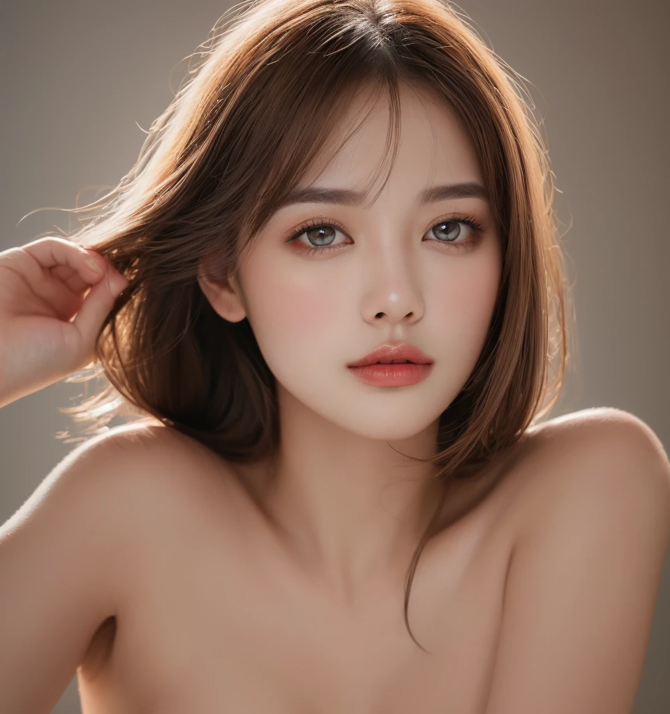 highest quality, masterpiece, Ultra-high resolution, (Realistic:1.4), RAW Photos, 1 17-year-old girl, simple gray background, ((naked、Upper Body、Lean forward, Natural makeup)), Looking at the audience