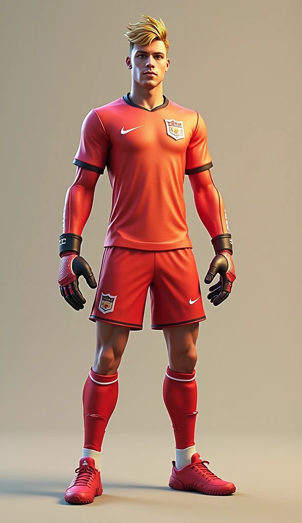 Create a man with brown like black color football boots , white short socks , and  any famous clubs best uniform  (whiteout red color) for goalkeeper 