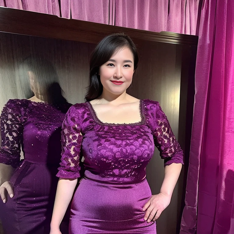 One Woman,Full body photography、Staring pose、 (High resolution, masterpiece, highest quality, Attention to detail, formal: 1.4), (Realistic: 1.2, 超Realistic: 1.1, Realistic: 1.37), (Sharp focus: 1.4), Depth of written boundary, Physically Based Rendering, Wavy Hair, (big), (Detailed description of the hair), (Detailed description of the face), Unparalleled beauty, Exquisite beauty, Long legs, Metallic purple dress, (lipstick:1.1), (eyeliner:1.2), mascara, eye shadow, Large Breasts (45 years old,: 1.4),