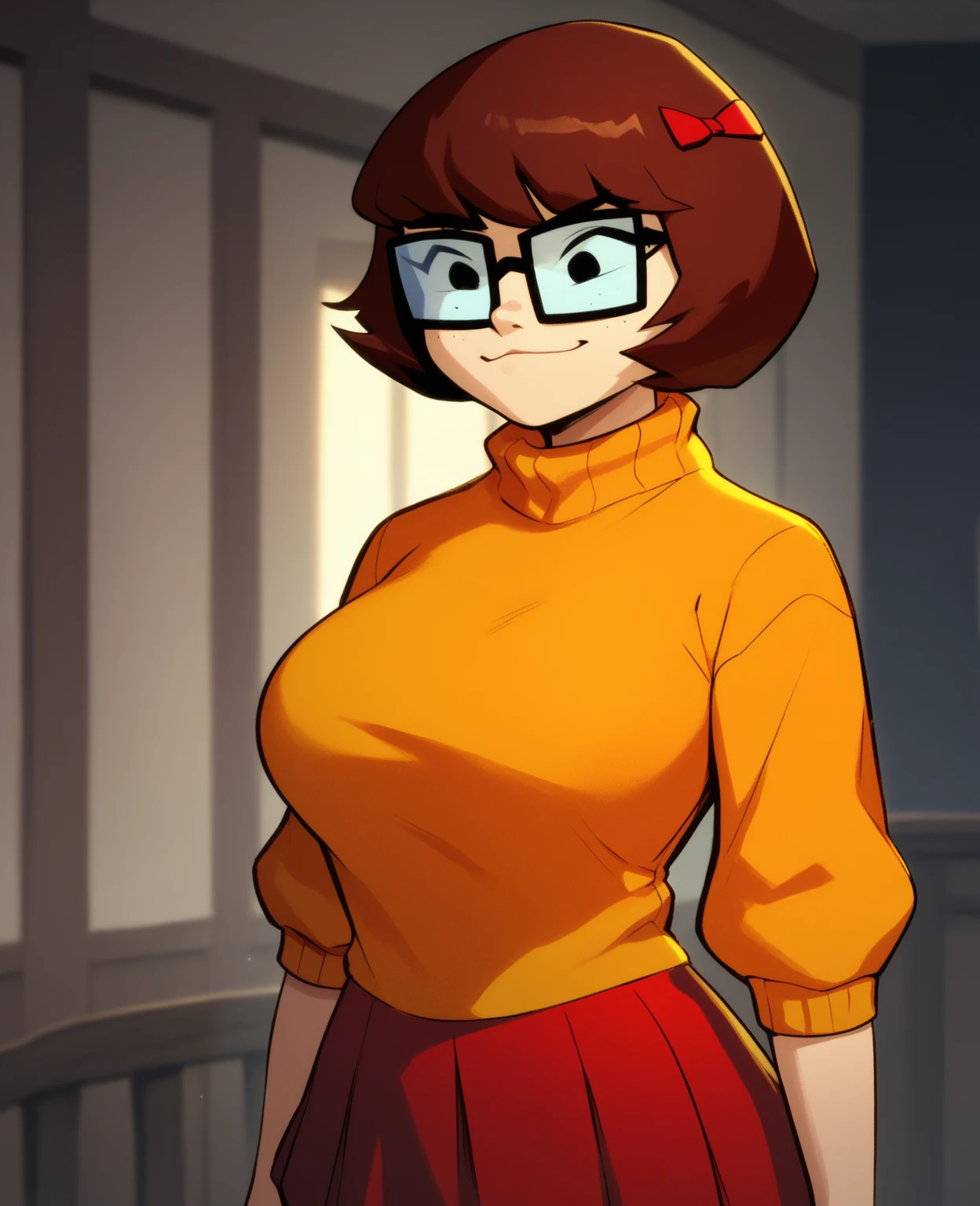 1girl, Velma from scooby-doo, solo, fat, brown hair, black eyes, square glasses, orange turtleneck blouse and red skirt, eyeliner, looking at viewer, lips, black bob cut, blunt bangs, blush, standing, upper body, face focus, outdoors, horror \(theme\), night, fog egirlmakeup, terror background