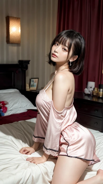 (Real: 1.5, Tabletop: 1.5, 8k), (Top Quality, Masterpiece, Ultra High Resolution), Perfect Dynamic Composition, Professional Camera Work: 1.4, Highly Detailed Skin and Face Texture: 1.3, Mysterious Portrait: 1.3, Glow Light Effect, Ultra Detailed, Alone Girl, ((Night View from Inside a Building, Pitch Black Room: 0.9, Night Moonlight Shines Through the Glass)), ((Pale Pink Nightgown)), Model Body, Clear Face, (Beautiful and Attractive Eyes: 0.9, Dreamy Expression: 1.0, I Love You From the Bottom of My Heart: 0.8, Beautiful Erotic Taste: 0.7), (Wet Dark Brown Bob Cut), Candle, Large Breasts, ((cleavage)),  breast grab, Necklace, (Sitting on Bed, Sitting Cross-legged), ((Attractive Functional)), Bed, Bedroom, Covered Nipples, ((Blushing:1.37)), No Panties, No Bra , Thin Eyebrows