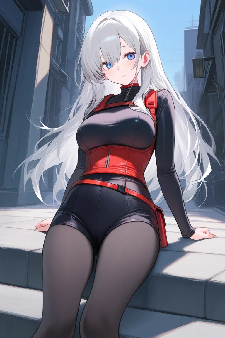 Girl, short white hair, blue ring floats above her head, red eyes, wearing red warrior clothing, big breasts, exposed thighs.