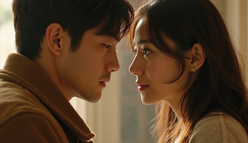 They are looking at each other while holding coffee cups, A scene from a live-action movie, Still from the live-action movie, best scene, sakimichan, Romantic Lead, sakimichan and frank franzzeta, movie screenshot, close scene, Still from the movie, great scene, very realistic movie, movie highlight scenes
