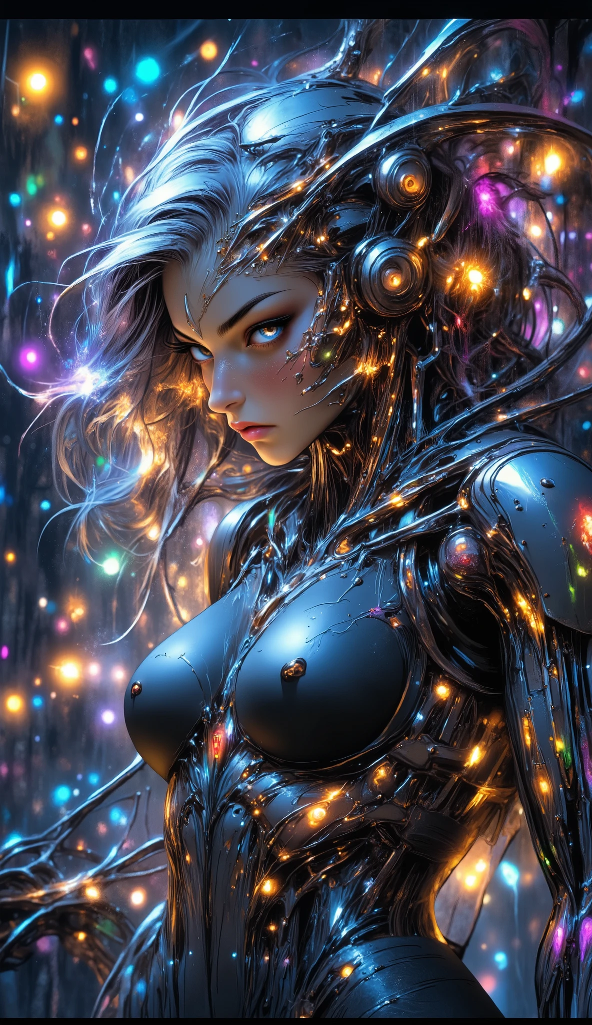 Anime biomechanical woman, ethereal cyberpunk fantasy, metallic wings, glowing runes, pastel colors, silver hair, luminous golden eyes, dreamy forest, soft mist, intricate details, soft lighting, highly detailed, fantasy sci-fi.