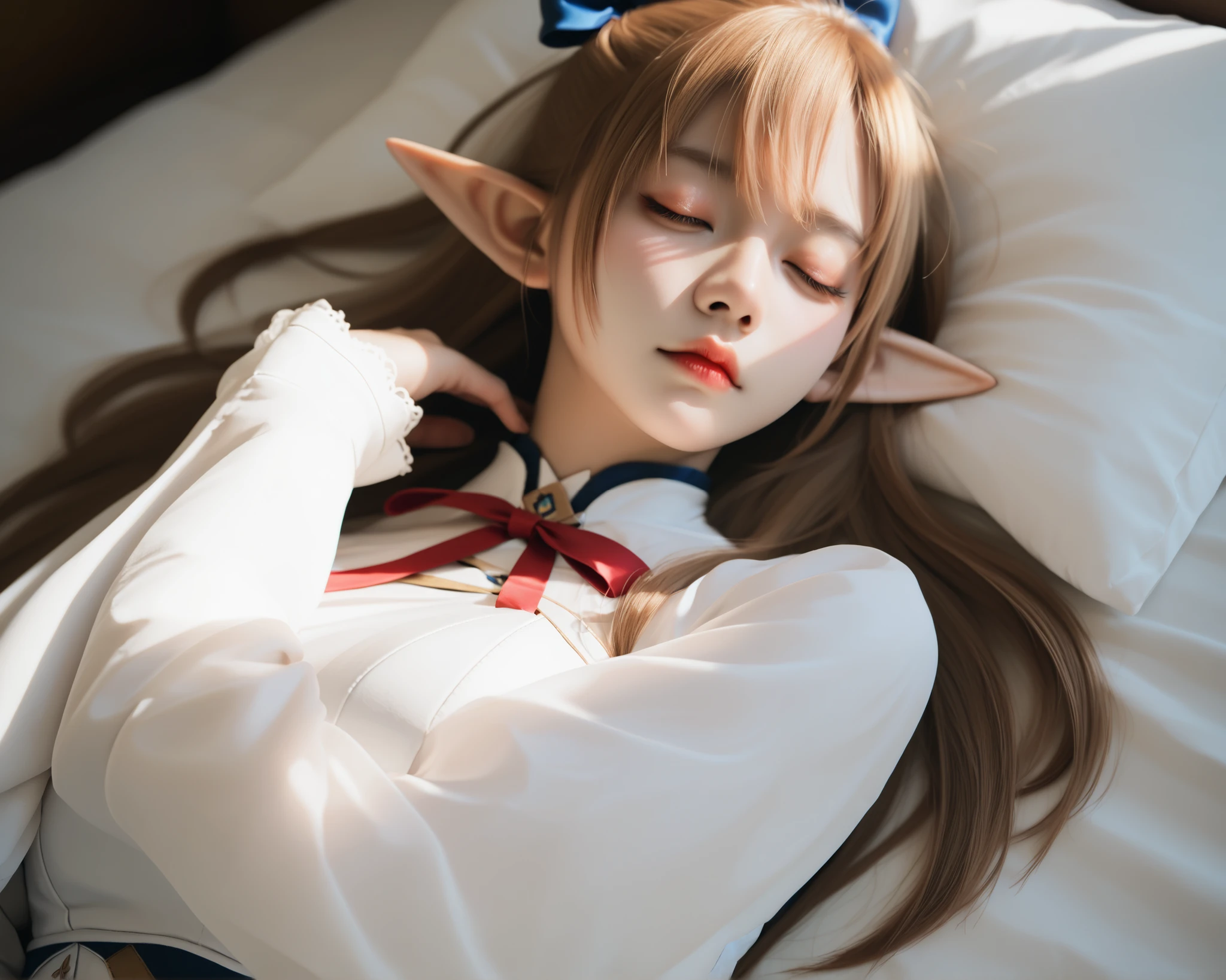 2D, masterpiece, Highest Quality, anime, very detailed face, very elaborate eyes, highly detailed background, perfect lighting, Cowboy Shots, 1 girl on break day, solo, elf, white dress,brown skin, detachable sleeves, Red Ribbon, neck ribbon, long hair, blue bow , hair bow,bedroom, ベッドでSleepしている, sleeping face,Sleep,Big Breasts,Sleeping in bed for a long time,Pillow
