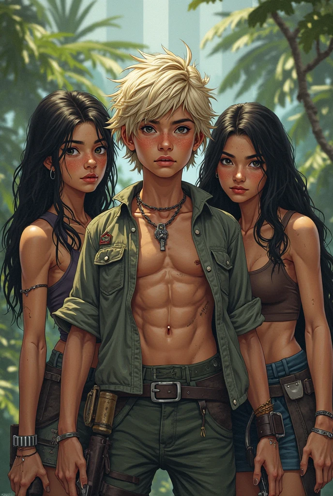 ((anime masterpiece))), (((best quality 2d anime))), ((ultra-detailed 2d anime)), (highly detailed CG anime illustration), ((extremely delicate and beautiful face)) cinematic light, absurd clothes, 1 smiling young man, (((character sheet)), full-body concept art, ((full length)), 1little blonde girl, standing, stylish tied hair (single background, white background: 1.3),((((CHARACTERS FROM THE POST-APOCALYPTIC WORLD))))), ( PEORSONAGES THE WALKING DEAD)), ( ATACK ON TITAN CONCEPTS )))) --auto --s2