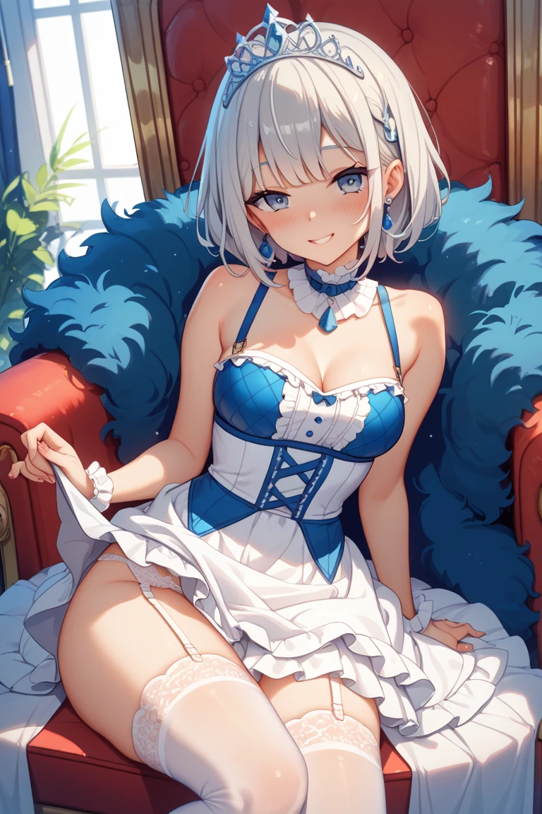 Best Quality, Masterpiece, 1 girl, Alone, Transport, wide, TransportBase, Thighs, bare shoulders, jewelry, sleeveless, White dress, blue skirt, gloves, bed room, bed, wooden floor, session, session on bed, hands on legs, subtle smile, soft lighting, whole body, Wide hips, medium breasts