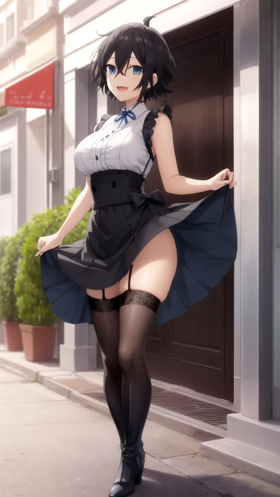 Huge breasts, black  thighhighs, dress with mini skirt