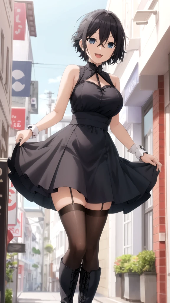 {Highest quality}, {Super beautiful},{Ultra fine},{Best illustration},Brown Hair,Hime cut,semi-long,Bangs,Standing Woman,Big Breasts,nude,Completely naked,Night Park,Embarrassed,smilingly,Blushing,Slender women, A woman wearing plain black pumps,Bare feet and pumps,From an angle,From above