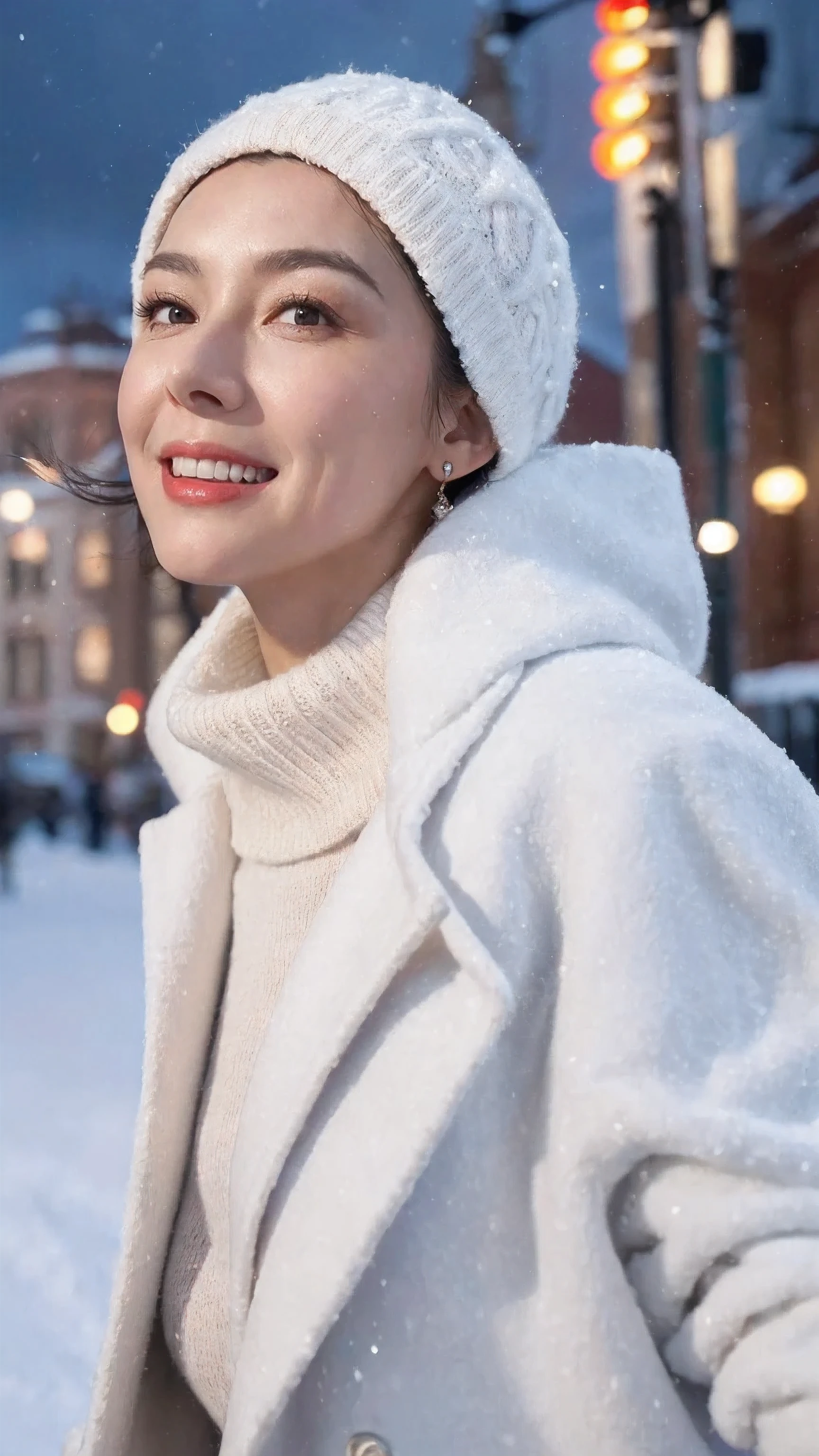 ((Highest Quality)), ((8K)), ((Masterpiece: 1.3)), (Perfect Look), (Photorealism: 1.6), Beautiful mature idol, (65 years old), (EI), (KIK), (1 mature woman: 1.1), ((White high neck cable knit and white long coat: 1.1)), ((Intersection at night)), ((Looking up at the sky looking the most beautiful but a little lonely)), (Camera is high angle), Fully effective, Long eyelashes, Ultra HD sparkling eyes, Ultra HD hair, Ultra HD glossy lips, Ultra HD perfect teeth, Beautiful ultra HD face, (Very bright and beautiful skin: 1.2), (Very bright and vivid: 1.2), (Snow falling quietly),