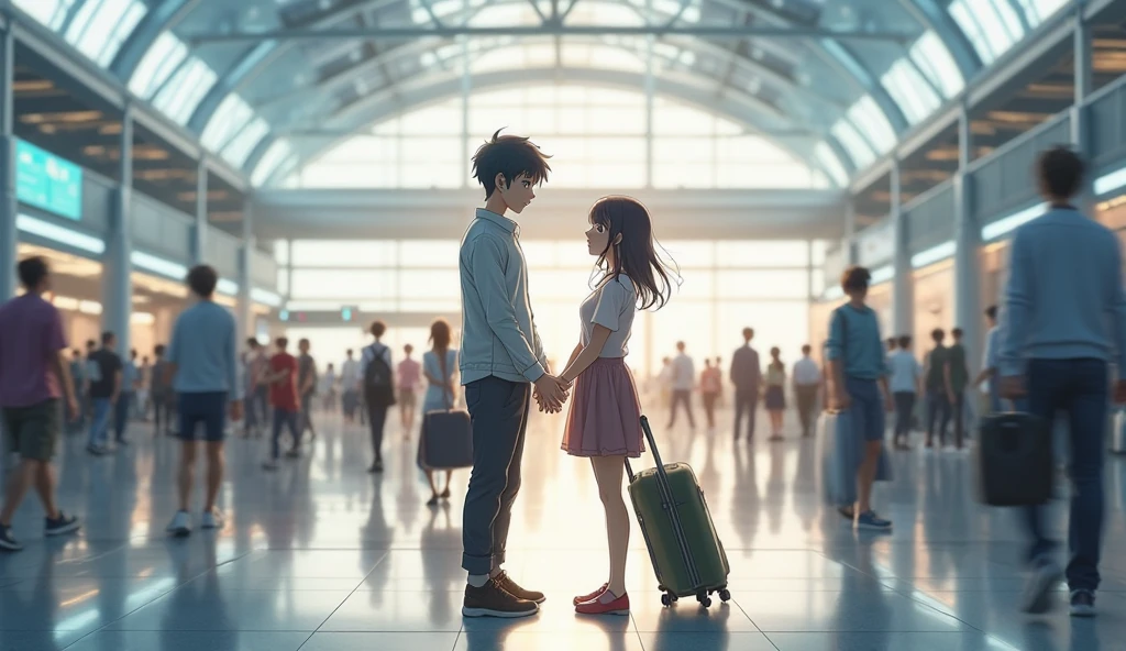 A boy leans against a wall with a suitcase，A girl ran towards him，Behind is the building