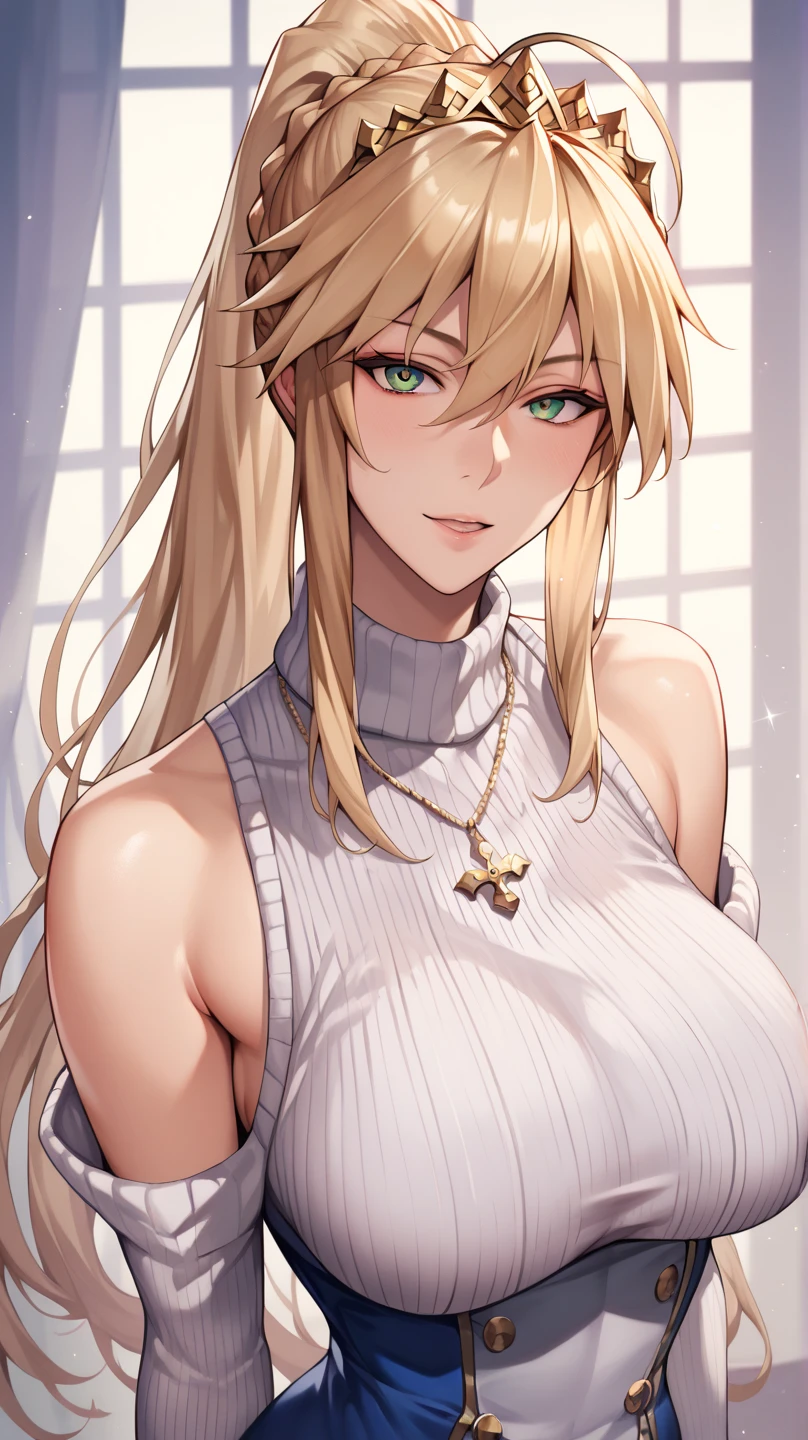 masterpiece, best quality, SimplePositiveXLv2, yuuki asuna, 1girl, solo, long hair, breasts, large breast, curvy, blonde hair, cleavage, 1girl, breasts, brown_hair, solo, choker, brown_eyes, cleavage, bare_shoulders, sweater, large_breasts, indoors, hair_bun, sitting, off_shoulder, single_hair_bun
