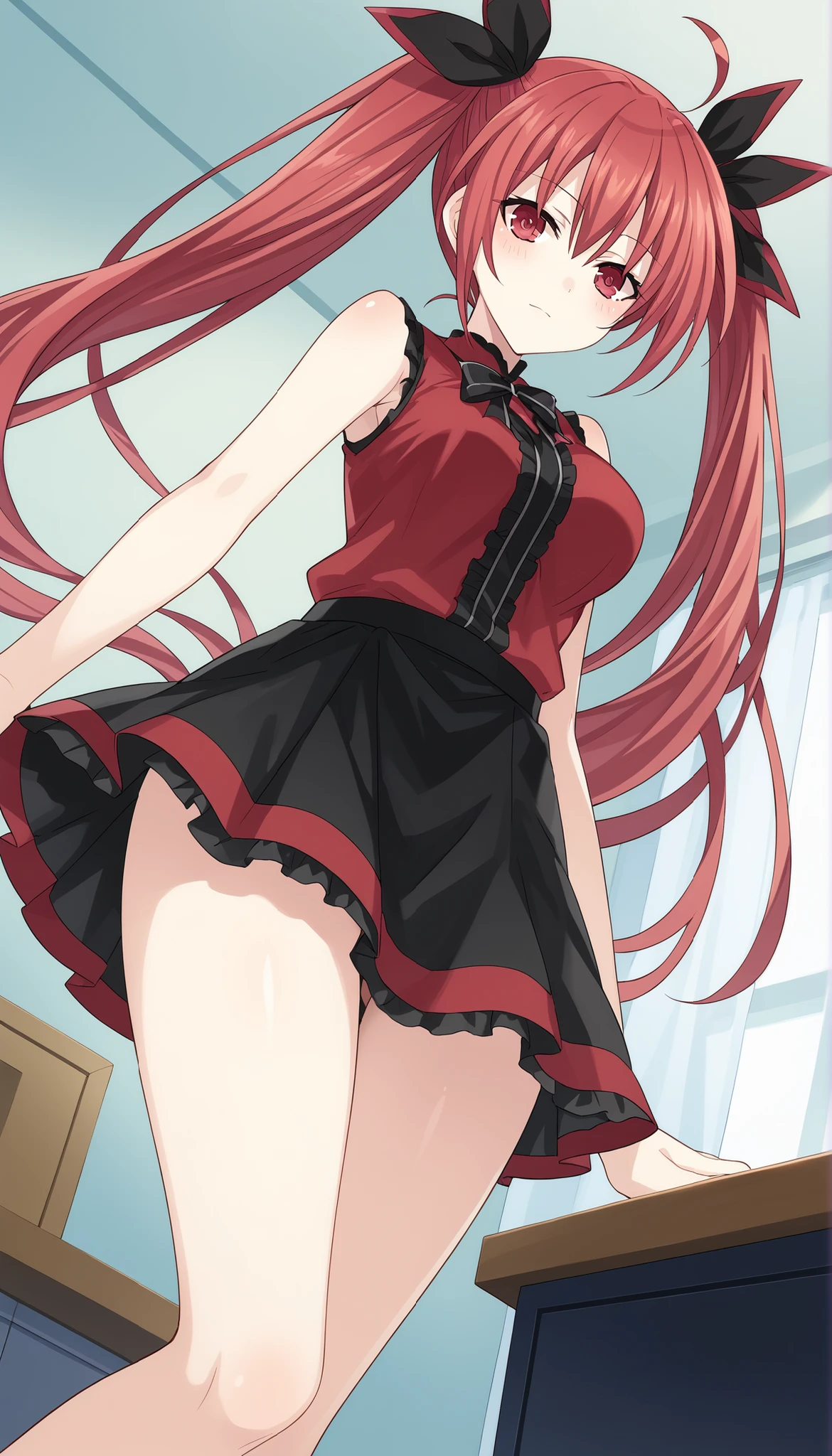 (((Kotori Itsuka))),black skirt,red sleeveless shirt,medium breasts,room,((low angle)), long thin legs,thighs,Ulchan-6500-v1.1, ( RAW photos :1.2), beautiful detailed, very detailedな目 美しい目,beautiful eyes,Red,red hair,twin tails, large file size, high resolution, very detailed, Highest Quality, [masterpiece:1.6], Awareness-raising, very detailed, CG, finely, Highest Quality, 8K wallpaper, perfect body shape,very detailed,細くて綺麗なthighs