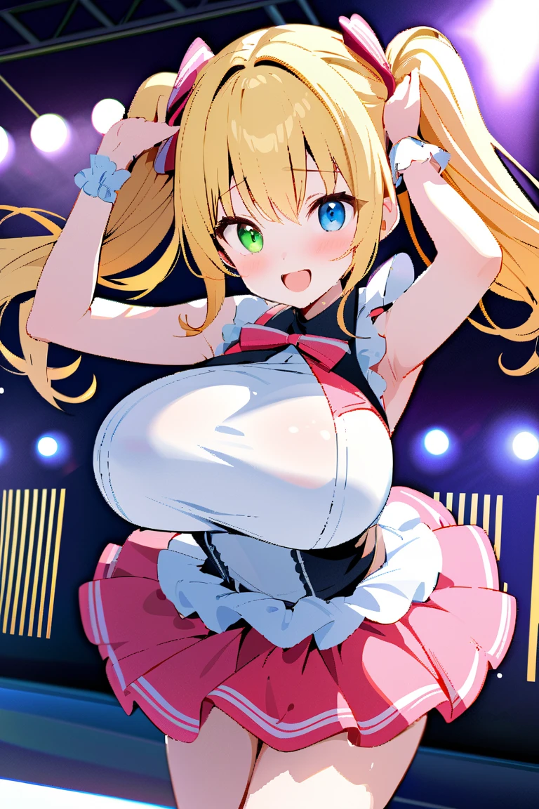 KAGAMINE RIN, long HAIR, BOW, blonde hair., large breasts,, Live Stage, , solo, ,nipple,