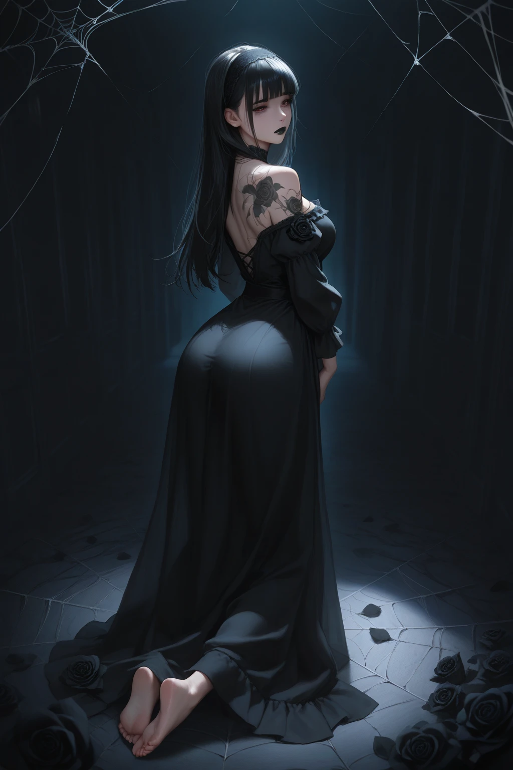 Create an image of the most stunningly gorgeous beautiful perfect sexy woman, stunningly beautiful face, showing clevage, large breast , perfect ass , full body view , black lace gothic dress, spider webs, front facing,
