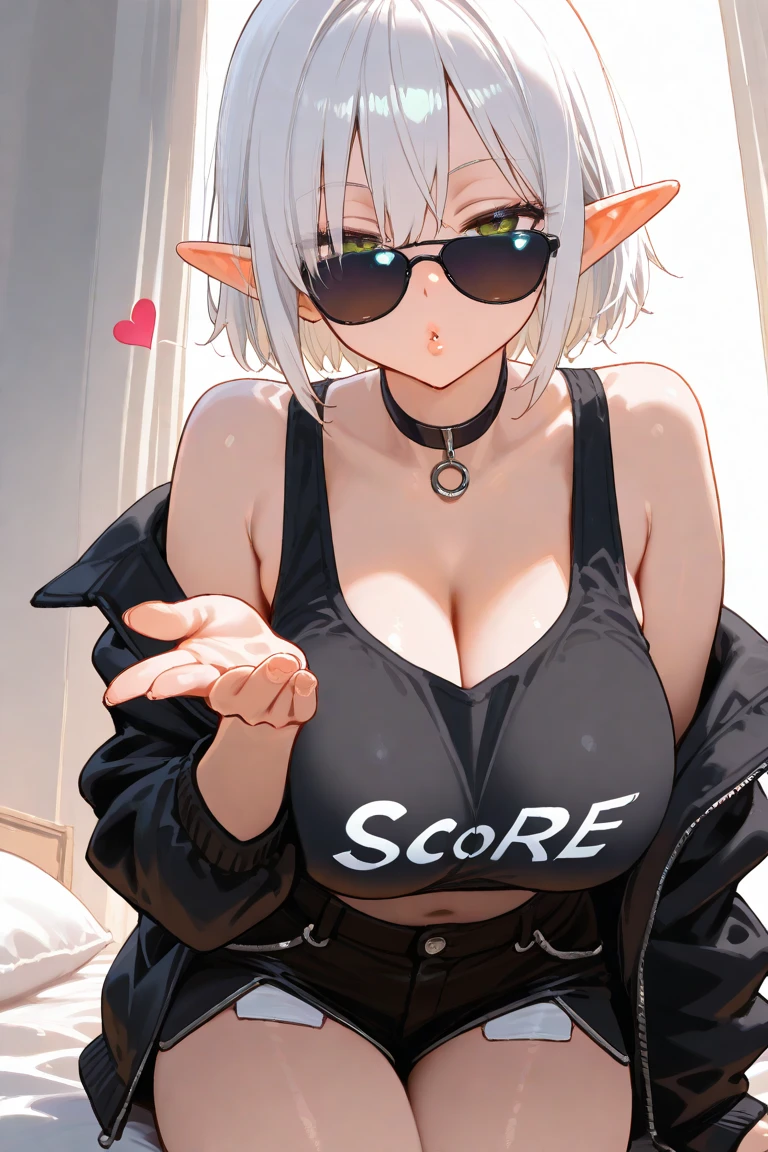 1girl, breasts, piercing, swimsuit, navel, bikini, solo, hood, hair over one eye, ear piercing, hair, navel piercing, hair, large breasts, hoodie, looking at viewer, cleavage, mouth brace, white bikini, side_tie_bikini_bottom, ..., eyes, clothes lifter, simple_bottom, spoken ellipsis, hood_up, black_bottom, hair, mole, stomach, mole_under_eye