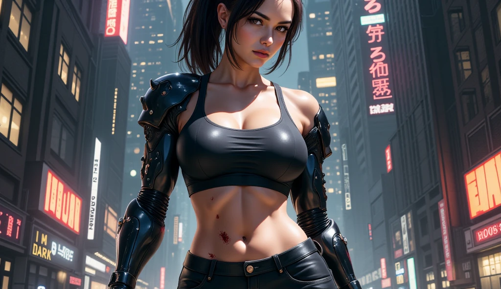 1girl, solo, action shots of female ((wearing a skimpy revealing black and silver version of the evil superman suit man of steel)), large breasts, (explosions in the background a city in ruins), Style-BladeRunner2049-8v Intricate, High Detail, Sharp focus, dramatic, ((photorealistic))