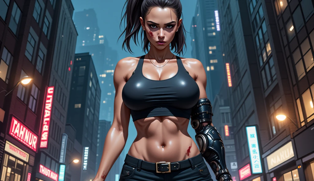 cinematic portrait of a woman with beautiful detailed eyes, beautiful detailed lips, extremely detailed face, long eyelashes, topless, wearing blue shorts, fighting pose, dynamic action, detailed musculature, strong and athletic, dramatic lighting, cinematic composition, photo-realistic, hyperrealistic, 8k, high quality, masterpiece