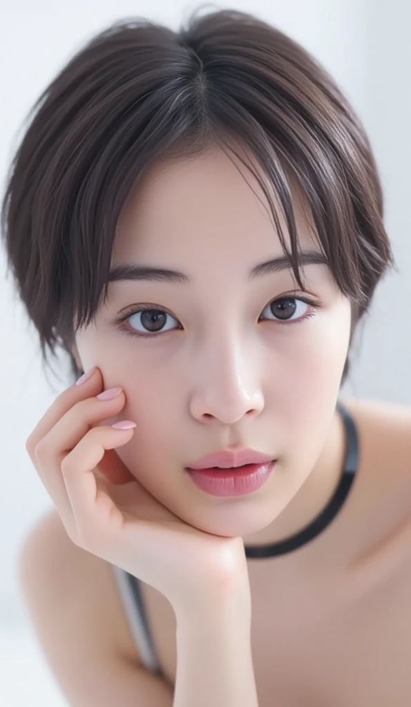 very small flat chest:1.2、Pink nightgown、(Showing small breasts:1.3)、Putting on makeup:1.3、Face close-up:1.4、(((Looking into the camera:1.4)))、{{masterpiece}}, {{Highest quality}}, {{Very detailed}}, {{Small breasts}}, Cinematic Lighting,Beautiful and delicate shine, Dynamic Angle, Depth of the written border, Light_leak, wonderful, Fine details, 4K, 8k,Japanese Idols, Brown hair short cut:1.3、, The background is solid gray:1.3、, Dreamy look, Light background, {Sexy pose},