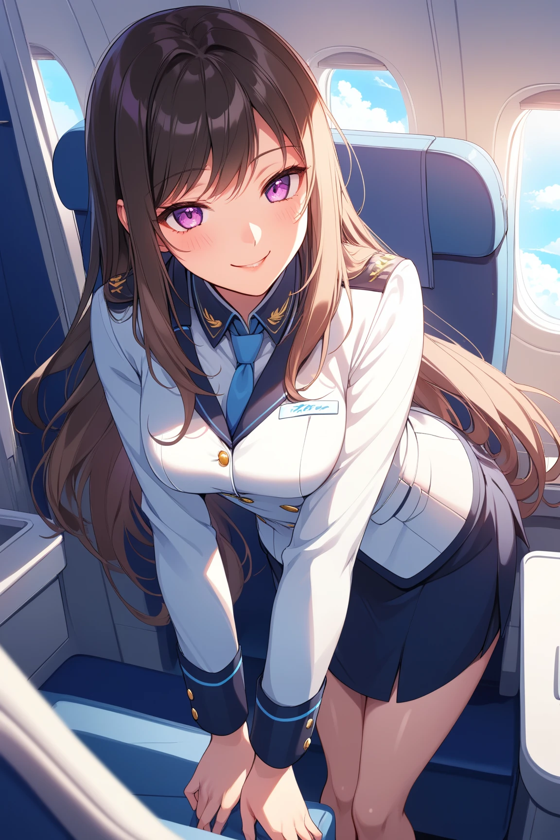 (top-quality、in 8K、32K、masterpiece、nffsw、超A high resolution、Impresionismo、Photorealsitic:1.2)、Full body, (On the plane:1.4)、realistic shadow、beauitful face、blurry backround、-yeld beiful girl、shinny skin, Beautiful golden hair、Wavy Hair、Medium Hair、blue eyess、Stewardess uniform、tight skirts、pantyhose、Black shoes、A smile、thighs thighs thighs thighs、announcement、headset on head、Slouched、