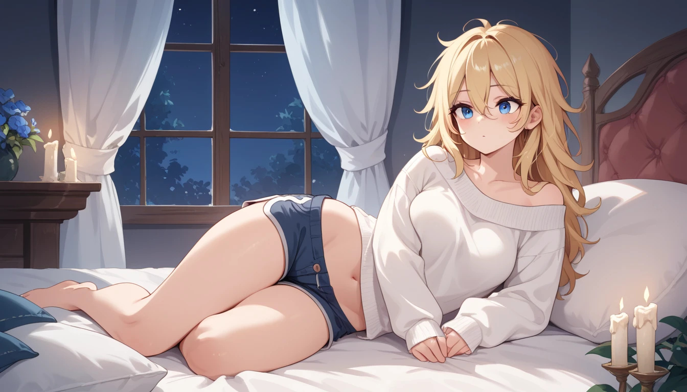 The image shows a female character in an environment that appears to be a bedroom., in a lying position on a bed. Let&#39;s analyze the details of this image in parts.:

### charachter:
- **Face and Expression**: The character has short, blonde hair with bangs and side locks., as well as a small pigtail on top of the head adorned with a heart-shaped accessory. Your eyes are big, expressive, and blue in color, with flushed cheeks, which may indicate shyness, surprise, or even a certain nervousness. His mouth is slightly open, reforçando a expressão de surprise ou espanto.
  
- **vestimentas**: She is wearing light pink pajamas covered in little red hearts., which is very comfortable and typical of girls&#39; sleepwear. The pajamas include a long-sleeved top and short shorts.. The shorts appear to be slightly lowered, revealing a significant amount of skin above the waist.

- **Position and Posture**: The character is lying on her side, with legs bent, one of which is raised and partially covered by pajamas, but still reveals part of her thighs and buttocks. One hand is holding an electronic device, possibly a cell phone or handheld console, that emits a bluish light, indicating that the device is turned on. The other hand appears to be resting on the bed, or slightly hidden, contributing to the cozy posture, but with a touch of vulnerability.

### enviroment:
- **Lighting**: The lighting is predominantly soft, possibly depicting a nighttime or low-light setting, with the main light coming from the screen of the device she is holding. The blue light from the device partially illuminates the character&#39;s face and a small area around her, while the rest of the environment remains in shadows, suggesting that she is in a dark or dimly lit room.

- **Bed and Sheets**: The character is lying on sheets that appear to be light in color., maybe branc