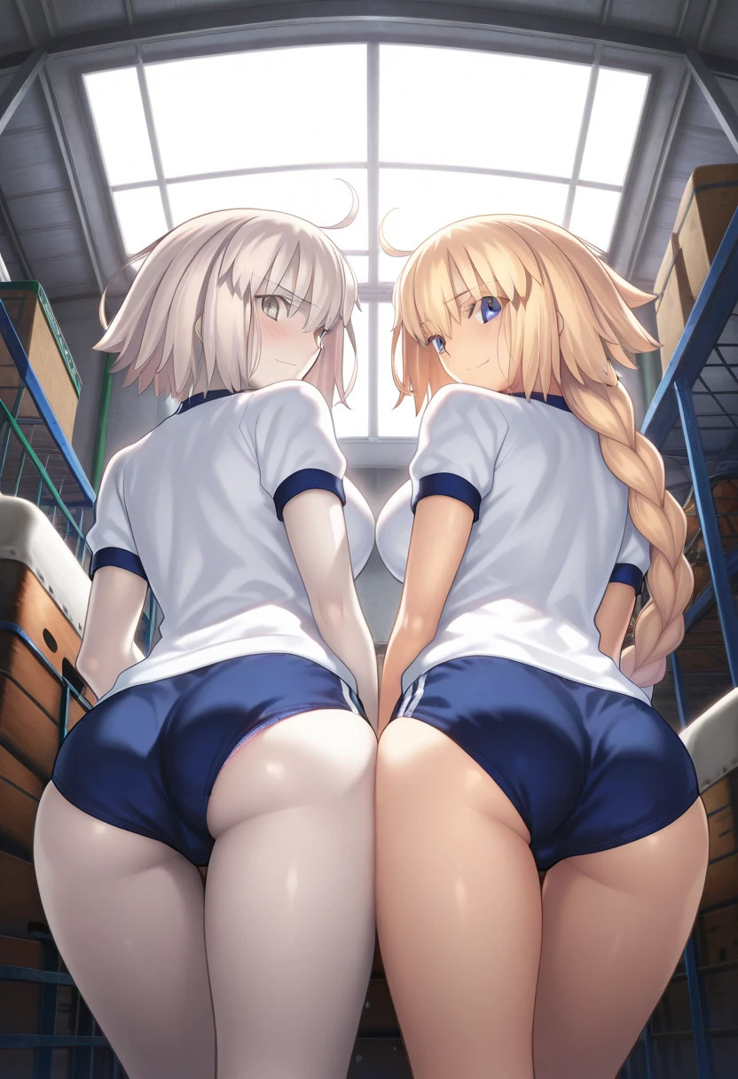 Very detailed,A woman with good looks,Asian Woman,three woman, stylish female body,, large white colored shirt:1.3, rainbow colored small panties:1.5, lace,short hair, blonde hair,various colored hair, back view, Focus on the buttocks, classroom, smile, wet