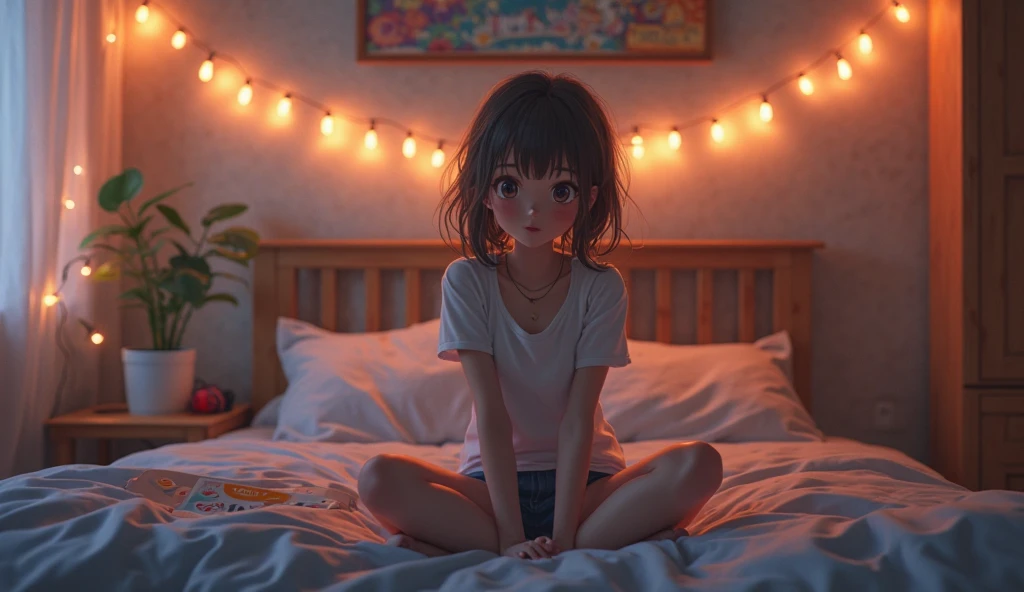 satono diamond,umamusume、A teenage girl wearing only a white pajama top and no panties,The areola is visible,((Small breasts)),Sitting on the bed,(highest quality、4k、8k、High Resolution、masterpiece:1.2)、Super detailed、(Photorealistic:1.37)、Portrait、Sharp Focus、feminine、delicate、White skin、Subtle curves、Gentle expression、Soft lighting、Bright colors、Artistic atmosphere,