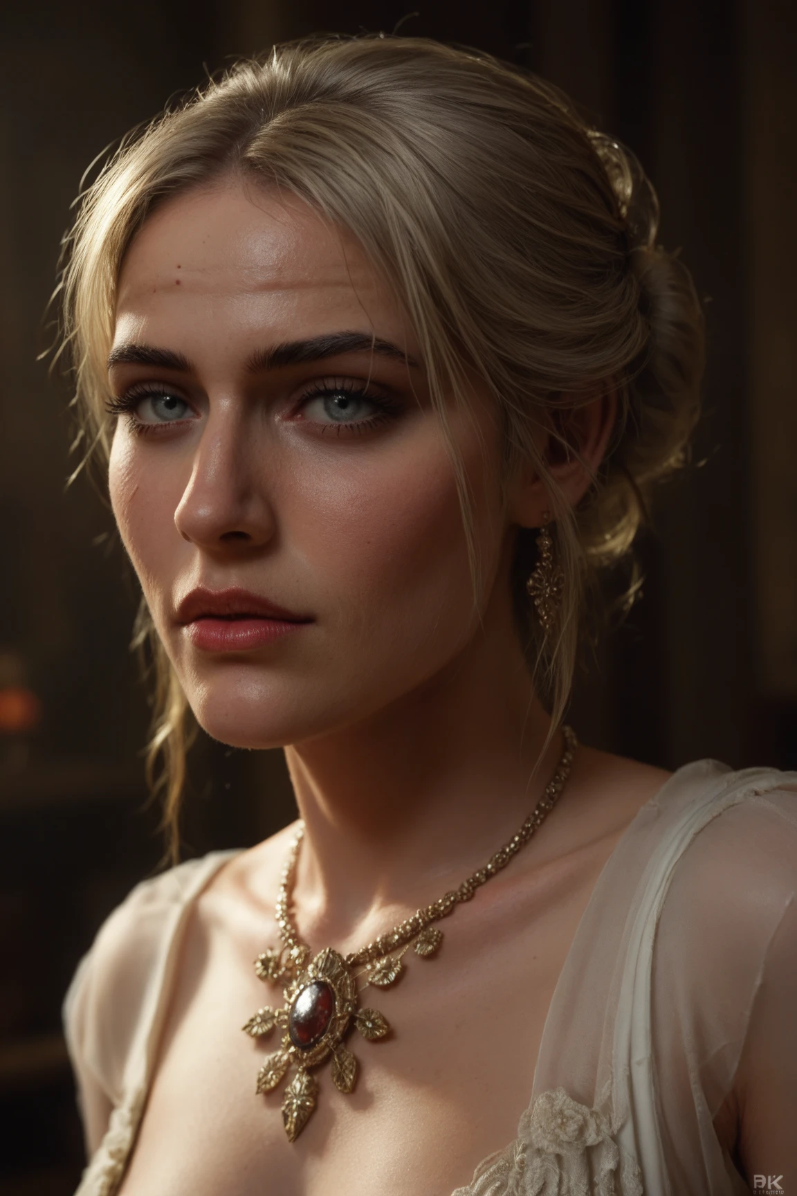 {-erro_de_anatomia:1.0} woman 30 years old, north,viking clothes, (nordic dress), dark castle, a woman (lagherta), very long brown hair (blonde highlights), (gray eyes) . Indifferent look , merciless. among the gods, dinamic poses, egoist smile, upper body, laying on the bed