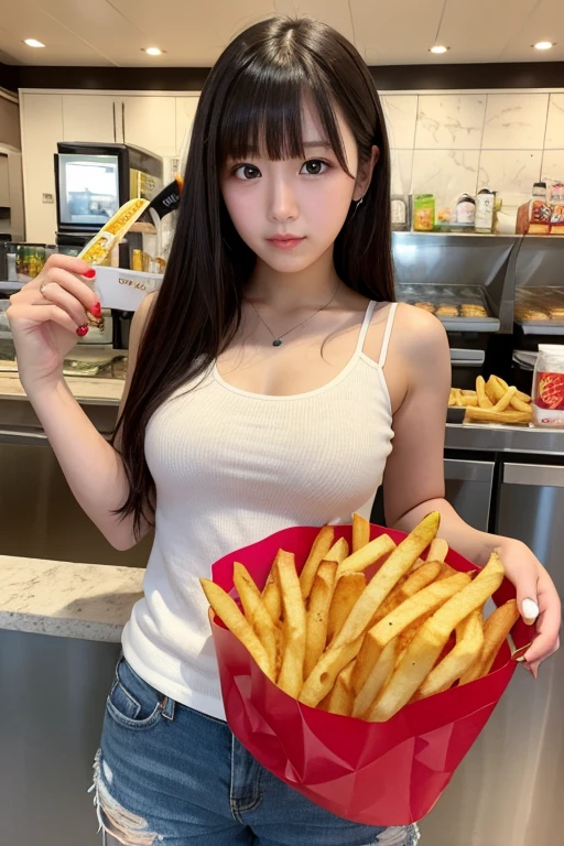 The only 14 year old beautiful girl、NSFW、Super detailed、High resolution、transcendental beauty highest quality、masterpiece、Please wear knee socks、Majimix Real、(RAW photo:1.2)、(Photoreal:1.4)、beauty in the details、and delicate expression、At McDonald's、(McDonald's uniform torn、I can see your nipples:1.5)、McDonald's Costumes、(blonde very short hair :1.5)、((you can see me))(squat)、eyelash、sparkling eyes、glossy lips、beautiful and detailed eyes、((Japanese beautiful girl))、very detailed expression、highly detailed face、movie lighting、positive、((dynamic pose))、((open stance))、(The front of my shorts is torn、I can see your pussy:1.8), Convenience store uniforms、Nameplate、 (Accurately represents the shape of the female genitals:1.5), (Detailed depiction of the labia minora, vaginal opening, Detailed depiction of the clitoris:1.5), (Open your legs wide and raise your knees:1.8)、(Limb restraint:1.6)、(Push the thick vibrator into the pussy from the front:1.8)、thin legs、(Open your mouth wide and see your tongue:1.7)、panting with sexual pleasure、(feel the climax of ecstasy:1.6)、open your mouth wide and scream、shame、Cheeks flushed slightly、Heartbreaking cry