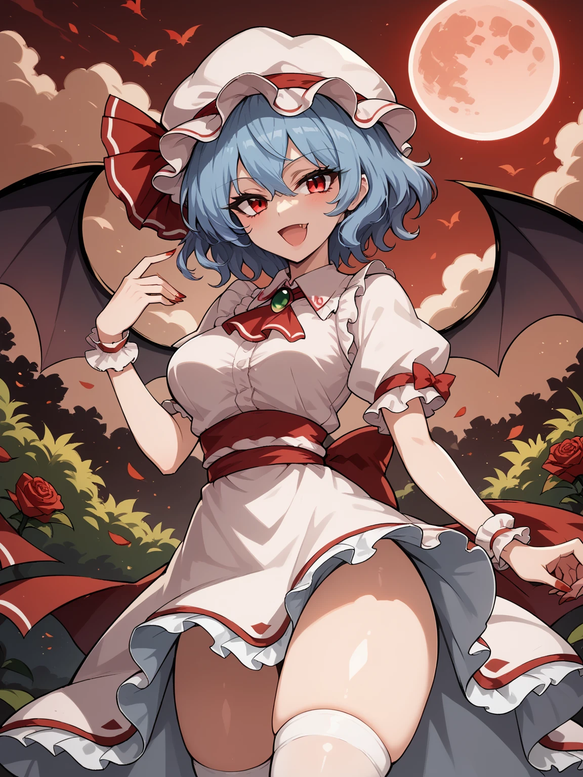 (Remilia toho character), (solo:1.2), (standing on the deck of mansion:1.1), a full moon, midnight, BREAK, short hair, collarbone, (very perky large breasts), (emphasize cleavage:1.2), (inconceivably thin waist:1.3), (very short thin torso:1.2), very long (thin legs), emphasize thigh gap, BREAK, (short sheer white dress), shoulder straps, (brown inconceivably wiry corset cinches waist too tight:1.5), frilled (too short white miniskirt), (light blue thighhighs), BREAK, nose blush
