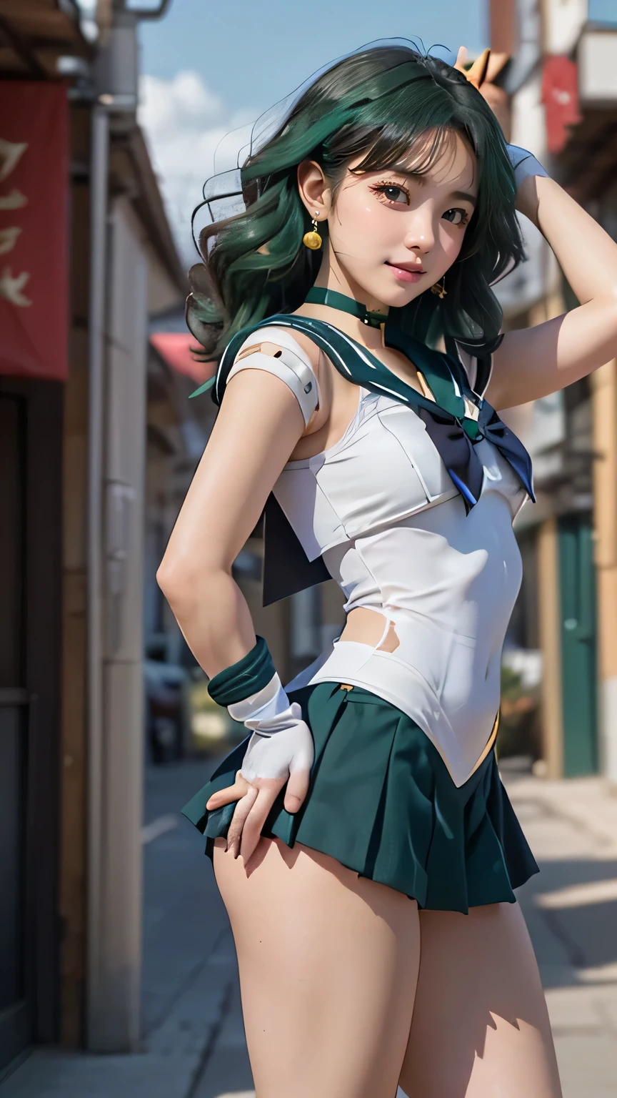 Ultraphotomicrography,1girl, marinero Neptuno, (Uniforme Sailor Senshi:1.4), cabello verde oscuro, cabello mediano, Falda suplicante, La mejor calidad, Pendientes, Obra maestra, High resolution, Detalles intrincados, (( realista )), photographic, (Guantes blancos de codo:1.4), jewely, pecho mediano, cuerpo completo, dynamic background, Dynamic posture, tacones altos,,More detailed 8K.motor irreal:1.4,UHD,La mejor calidad:1.4, fotorrealista:1.4, textura de la piel:1.4, obra maestra:1.8,obra-prima, mejor calidad,objeto Objeto], (detailed face features:1.3),(manos Detallado),(Apocalyptic destroyed city:1.7),(white Botas por encima de la rodilla: 1.4), gargantilla, (Guante Blanco:1.4), gargantilla verde, Arboledas de codos, jewely, pendientes, falda verde, only one, cuerpo completosbian, pelos verdes,(fondo atardecer:1.4),(Sailor neptune:1.4),((cuerpo de primer plano:1.4))