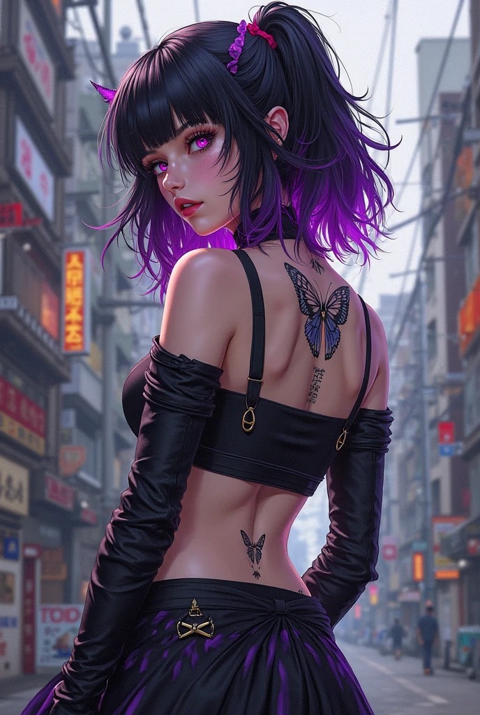 (masterpiece, best quality), 1girl, emo, beautiful hair, colored hair, intricate jacket, jeans, magic tattoos, perfect night, moonlight, street A Chinese girl, 18 years old (orchid tattoo back 1.5), (open back 1.1) beautiful eyes, real face, real skin, realistic face, realistic skin, detailed eyes, detailed facial features, detailed clothing features, (fashion hairstyle: 1.2) dynamic pose,  looking at the audience, simple background, smile, detailed face, double eyelids,