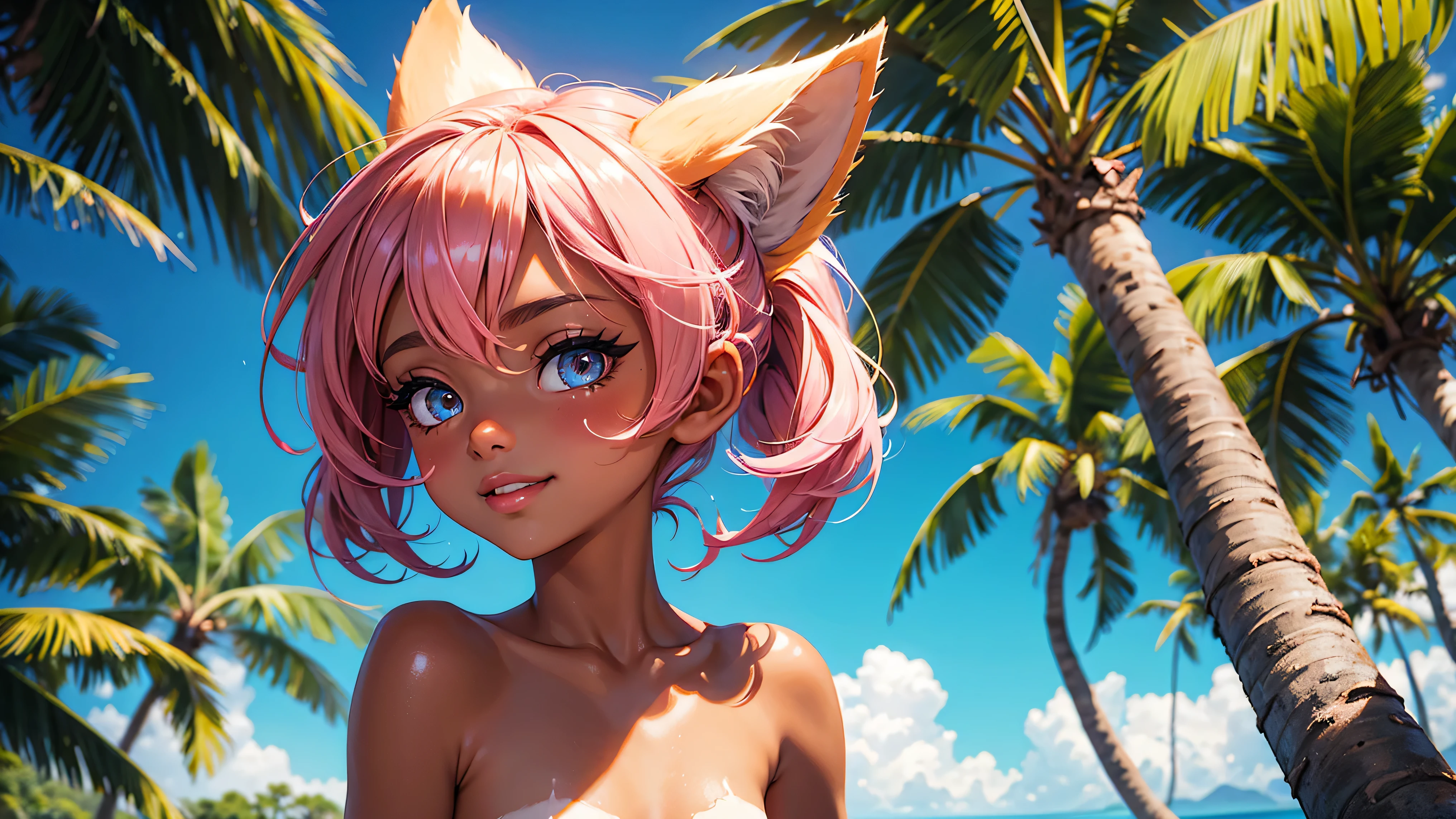 Beautiful Cat girl walking a tropical beach, (High resolution, upper body, shiny skin, My skin:1.2), ((dark tan skin with tan lines)), (best illustration, masterpiece:1.2), (small chest), (hard nipples), wet skin, super detailed, [(cat ears, pink inside :1.2, black long hair), bright colors, sharp focus, portrait, beach lighting, outdoor swimsuit, beach background, ((nsfw)), anatomically correct, young girl, shy smile, ((long eyelashes)), beautiful eyes, hard nipples, (absurd, high resolution, intricate details, intricate)``