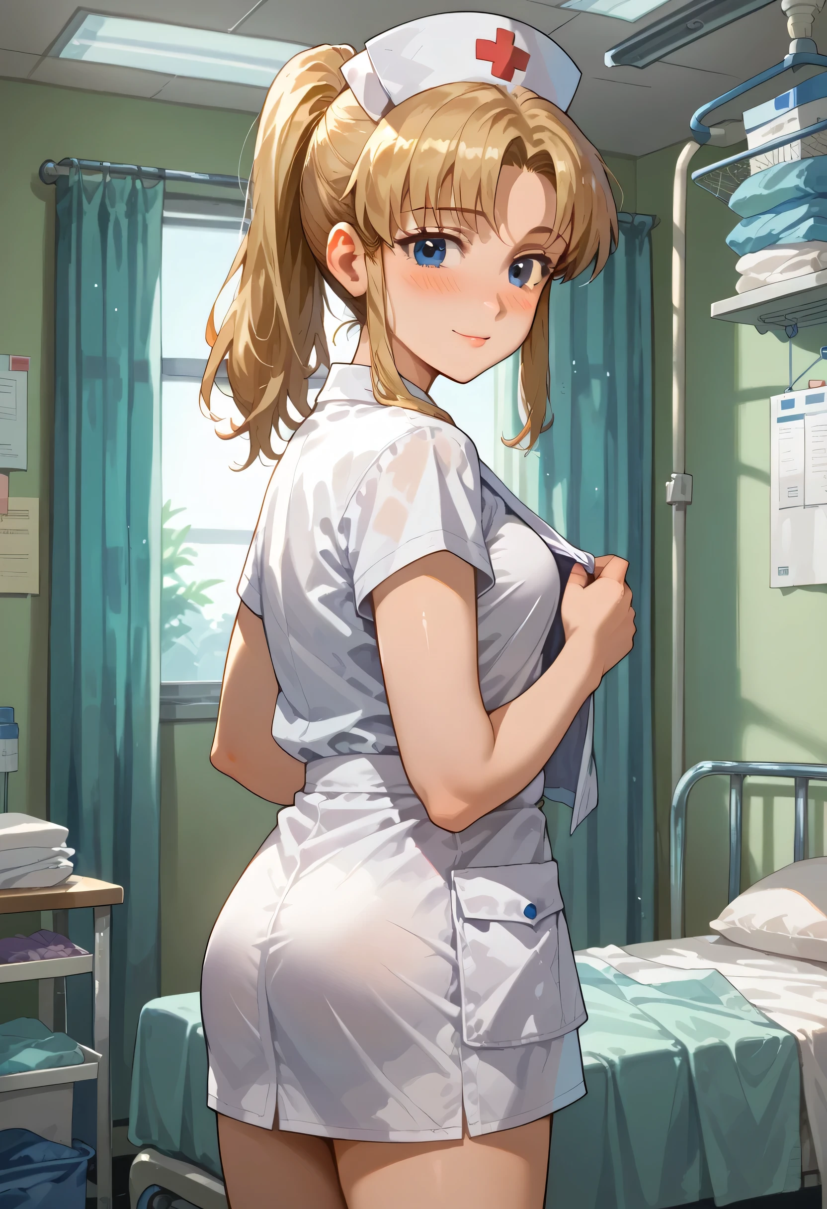 (RAW Photos, Best Quality), (animesque: 1.2), (Sharp facial features), (smaller face: 1), 1人の女性, Beautiful, (High Detail Skin: 1.2), (drooing eyes), (Red eyes), Seductive smile, 鎖骨, cute face, Beautiful eyes, long eyelashes, ((Perfect fingers)), Clean hands, ((Blonde Shortcuts)), ((Pink nurse clothes:1.2, white garter stockings)), (Beautiful breasts), White interior, (((buttocks are turned))), I see underwear, Soft lighting, High quality, Professional Lighting, Photon mapping, Physically Based Rendering, Perfect limbs, Perfect Anatomy, tre anatomically correct,
