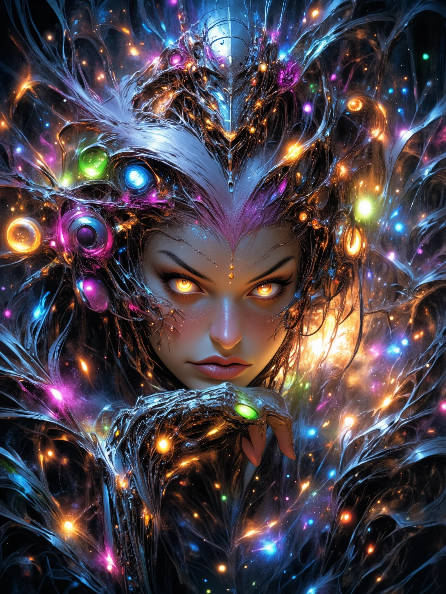 Anime biomechanical woman, ethereal cyberpunk fantasy, metallic wings, glowing runes, pastel colors, silver hair, luminous golden eyes, dreamy forest, soft mist, intricate details, soft lighting, highly detailed, fantasy sci-fi.