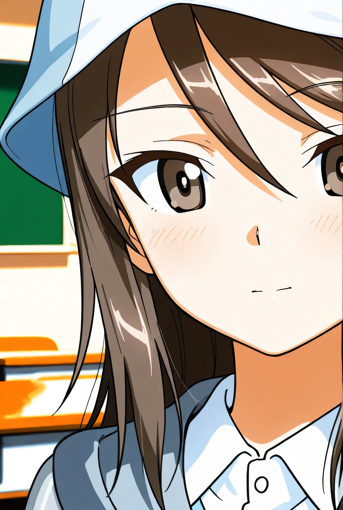 mika \(girls und panzer\),tulip hat,keizoku school uniform,classroom,face focus,front view,looking at viewer,