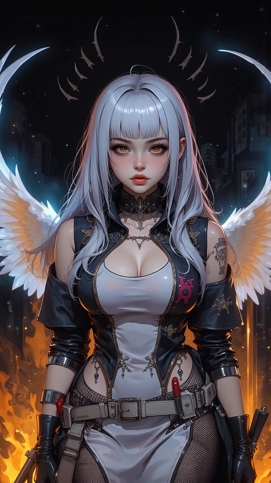 1girl, huge breasts focus, solo, horns, long hair, albedo (overlord), wings, large breasts, dress, hip vent, black wings, white gloves, gloves, looking at viewer, black hair, white dress, bare shoulders, hair between eyes, yellow eyes, feathered wings, demon horns, smile, feathers, demon girl, cleavage, slit pupils, detached collar, bangs, very long hair, closed mouth, black feathers, cowboy shot, covered navel, elbow gloves, white horns, standing, demon wings , hands on own breast, breast focus,Breast kneading