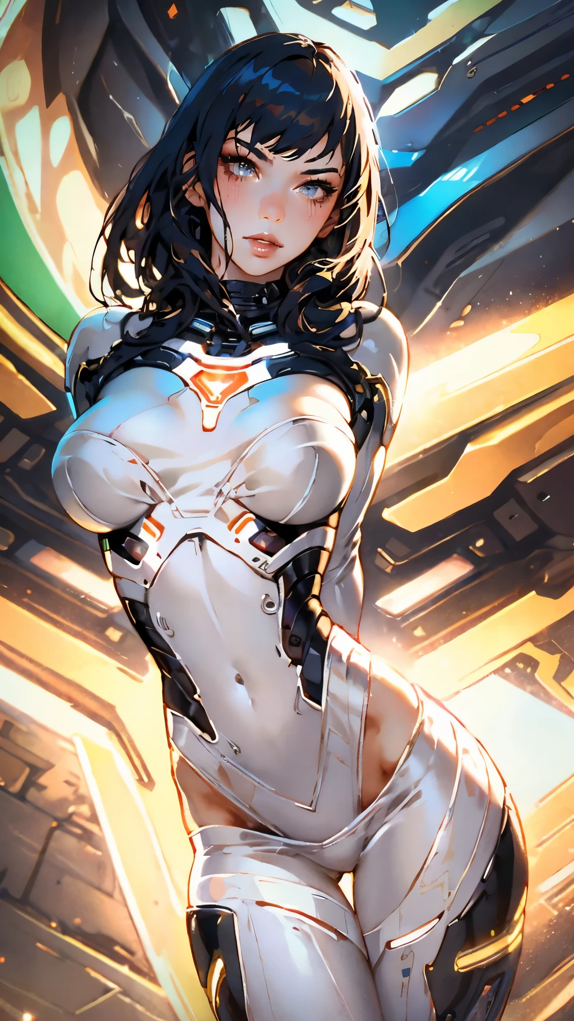 masterpiece, best quality, a beautiful woman with long shiny hair, choppy bangs, delicate face, passionate gaze, perfect smille, blush, seductive expression, tall and fit figure, perfect body, perfect skin, seductive pose, sexy Futuristic Technological Nanogel Clothing, the color scheme is primarily White with Green accents, this character embodies a finely crafted sexy beauty, exquisite and mature art Style, goddess, feminine, exquisite photography, depth of field, bokeh, photorealistic, even and soft lighting on face, dramatic, high definition, highres, ultra detailed, professional photo, perfect body proportions, anatomically correct, symmetrical face, extremely detailed eyes and face, perfect eyes, high quality eyes, creativity, RAW photo, UHD, 32k, portrait lighting, cinematic lighting, (masterpiece-anatomy-perfect:1.2)