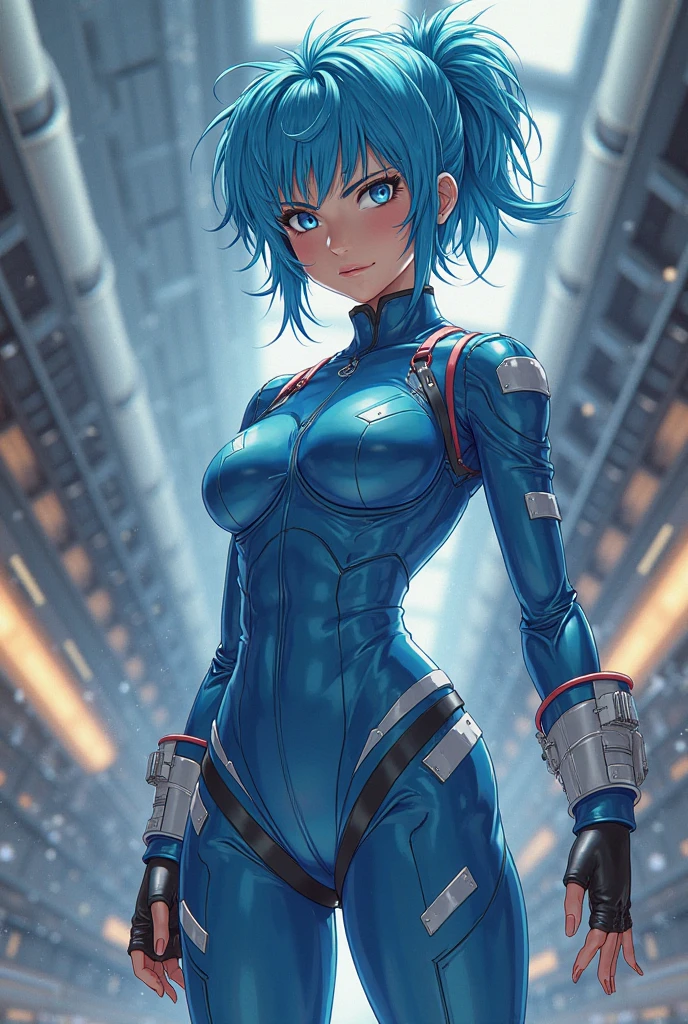 nsfw, Ami Mizuno, short hair, bleu hair, blue eyes, smile,  
blue bodysuit, 13
standing, upper body, solo girl,
underground vault, clean, fallout 4, corridor, vault gate, 
(insanely detailed, beautiful detailed face, masterpiece, best quality),  
