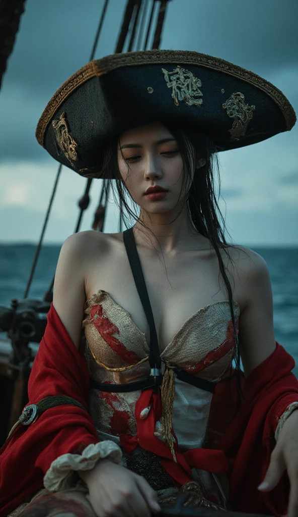 Anatomically correct depiction、masterpiece、Highest quality、8k、Attractive beautiful large almond-shaped eyes、Big black eyes、Long eyelashes、美しい桜colorの唇、A high, well-defined nose、color々Hairstyle、美しく輝くcolor々な髪color、((Realistic:1.3))、Bold composition、Highly detailed face、Detailed、Golden Ratio Face、Ultra-high resolution、Beautifully detailed and realistic white skin、Beautiful Muscles、((pirate girl))、Scar on cheek、((Eye patch))、((Big Breasts:1.2))、battle、Slash at the enemy girl pirate、((duel))、((battleシーン))、((Beautiful pirate girls fighting with swords))、((Sword wounds all over the body))