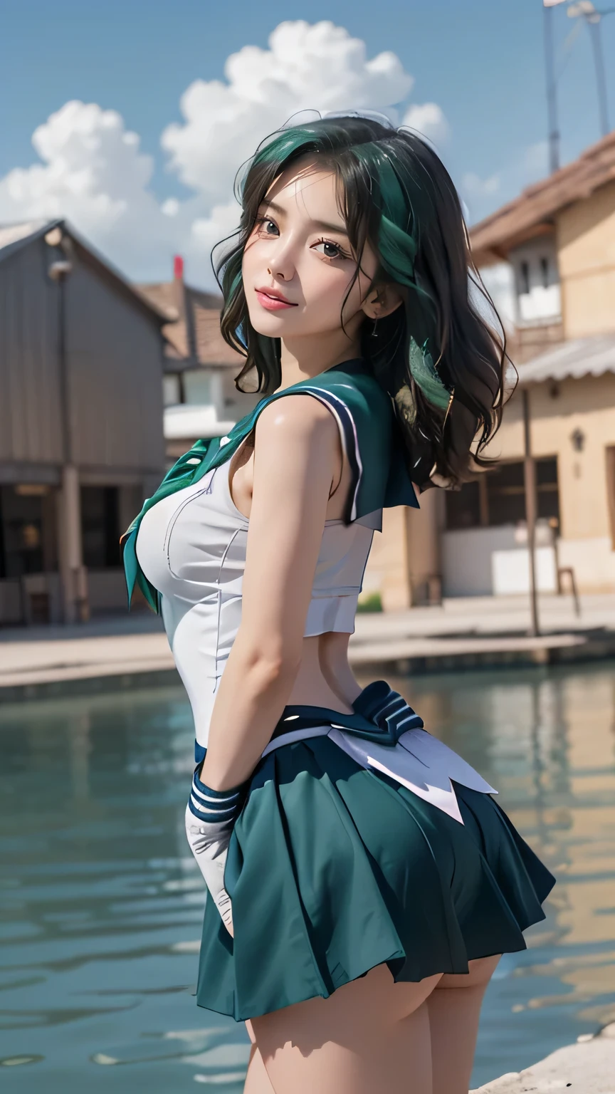 ((Sailor Neptune)) Best Quality, Ultra High Resolution, Masterpiece, (Realisticity: 1.6), 16K, (1girl with navel baring), (Busty), (White stockings), Full body photo,