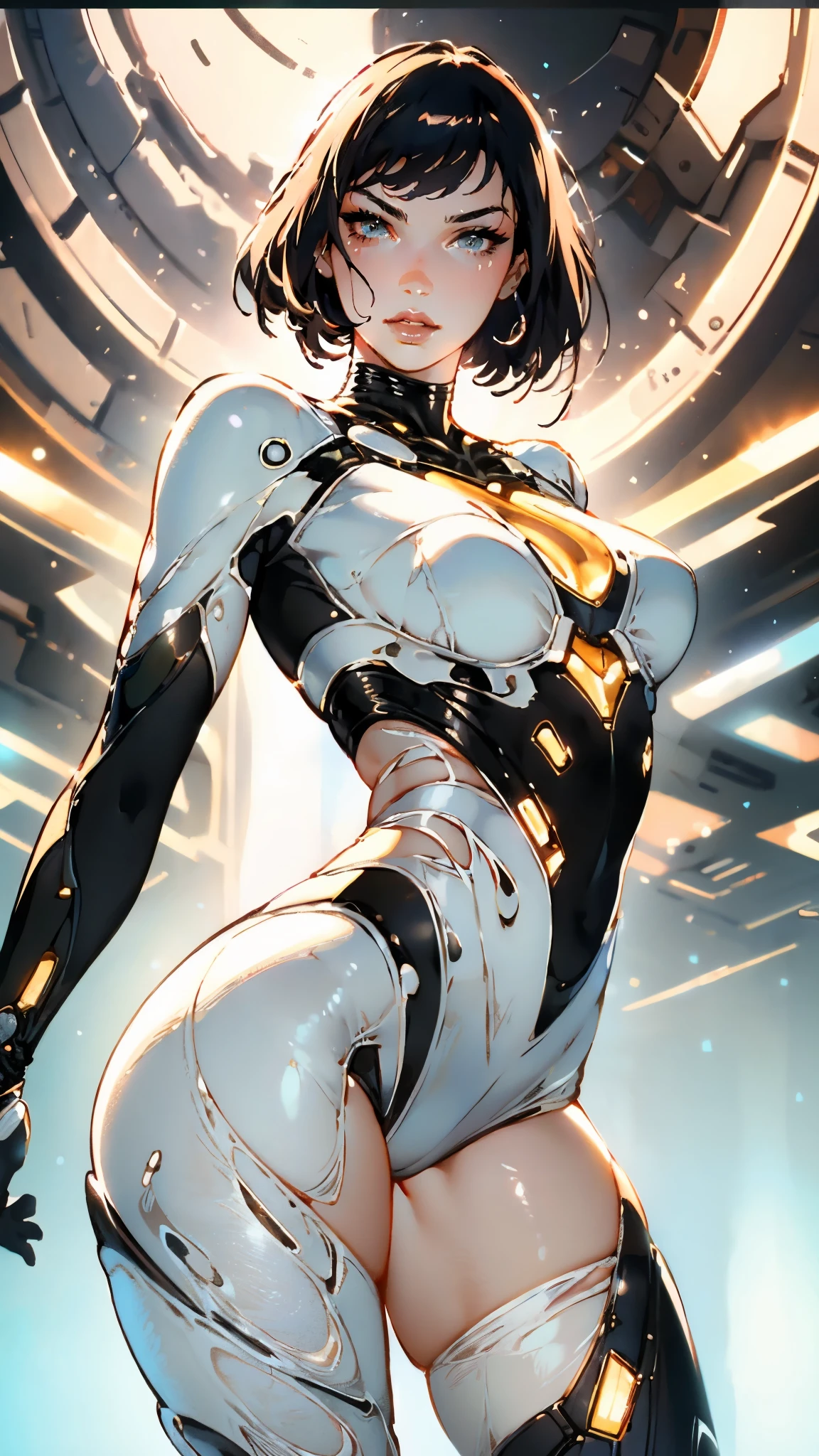 masterpiece, best quality, a beautiful woman with long shiny hair, choppy bangs, delicate face, passionate gaze, perfect smille, blush, seductive expression, tall and fit figure, perfect body, perfect skin, seductive pose, sexy Futuristic Technological Nanogel Clothing, the color scheme is primarily White with Green accents, this character embodies a finely crafted sexy beauty, exquisite and mature art Style, goddess, feminine, exquisite photography, depth of field, bokeh, photorealistic, even and soft lighting on face, dramatic, high definition, highres, ultra detailed, professional photo, perfect body proportions, anatomically correct, symmetrical face, extremely detailed eyes and face, perfect eyes, high quality eyes, creativity, RAW photo, UHD, 32k, portrait lighting, cinematic lighting, (masterpiece-anatomy-perfect:1.2)