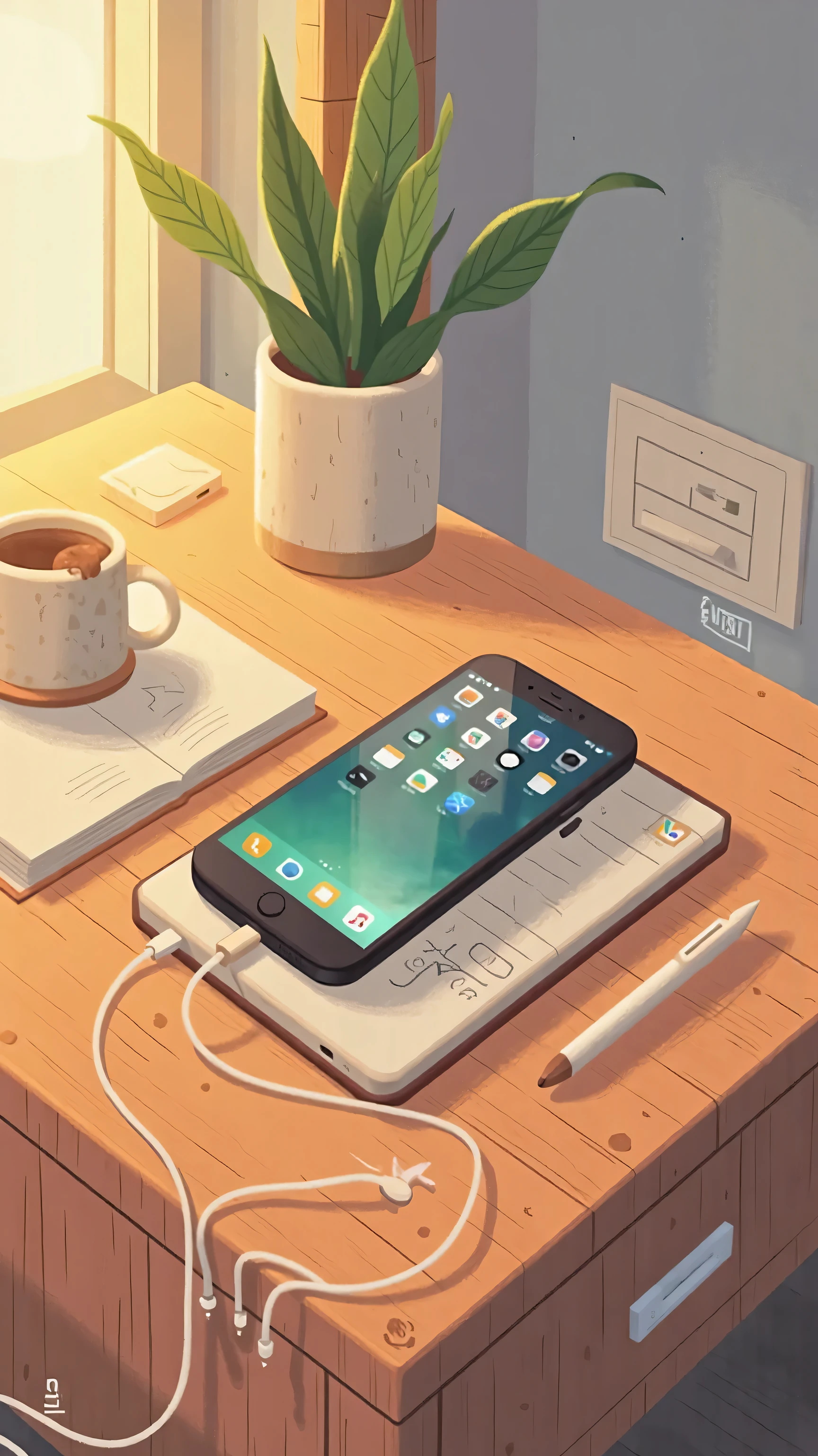 Close-up shot,Phone details,Place a smartphone on a bedside table,屏幕上显示着微信 Notify 。Place your phone quietly on a tidy bedside table。 Notify 内容是‘您接收到一条消息’。The environment is simple、modern,light is soft。--Style:illustration,modern,Simplicity,Neat desktop,Soft Light,Simple, Notify 。