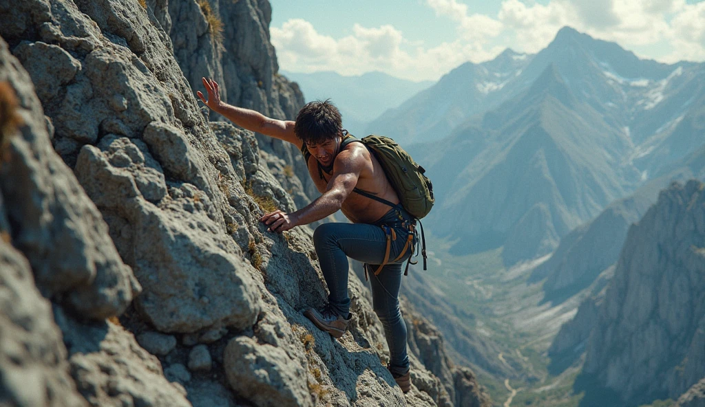 image of man with one leg curved and other leg on the edge of a mountain , just going to fall having both hands behind and head completely up 