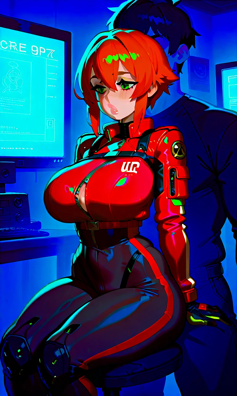 ((1 cyborg woman)),((huge breasts)),((biomechanical legs, legs open legs)),((bare breasts, completely naked)),((red hair with short white stripe with ponytail, eyes green)),((sitting in a wheelchair in a gray futoristic room)),((opening her pussy with both hands)),((with a big penis coming out of her pussy, erect penis, caressing her penis, penis releasing a lot sperm)),((esidada's face, flushed)),((turned to the spectator)),