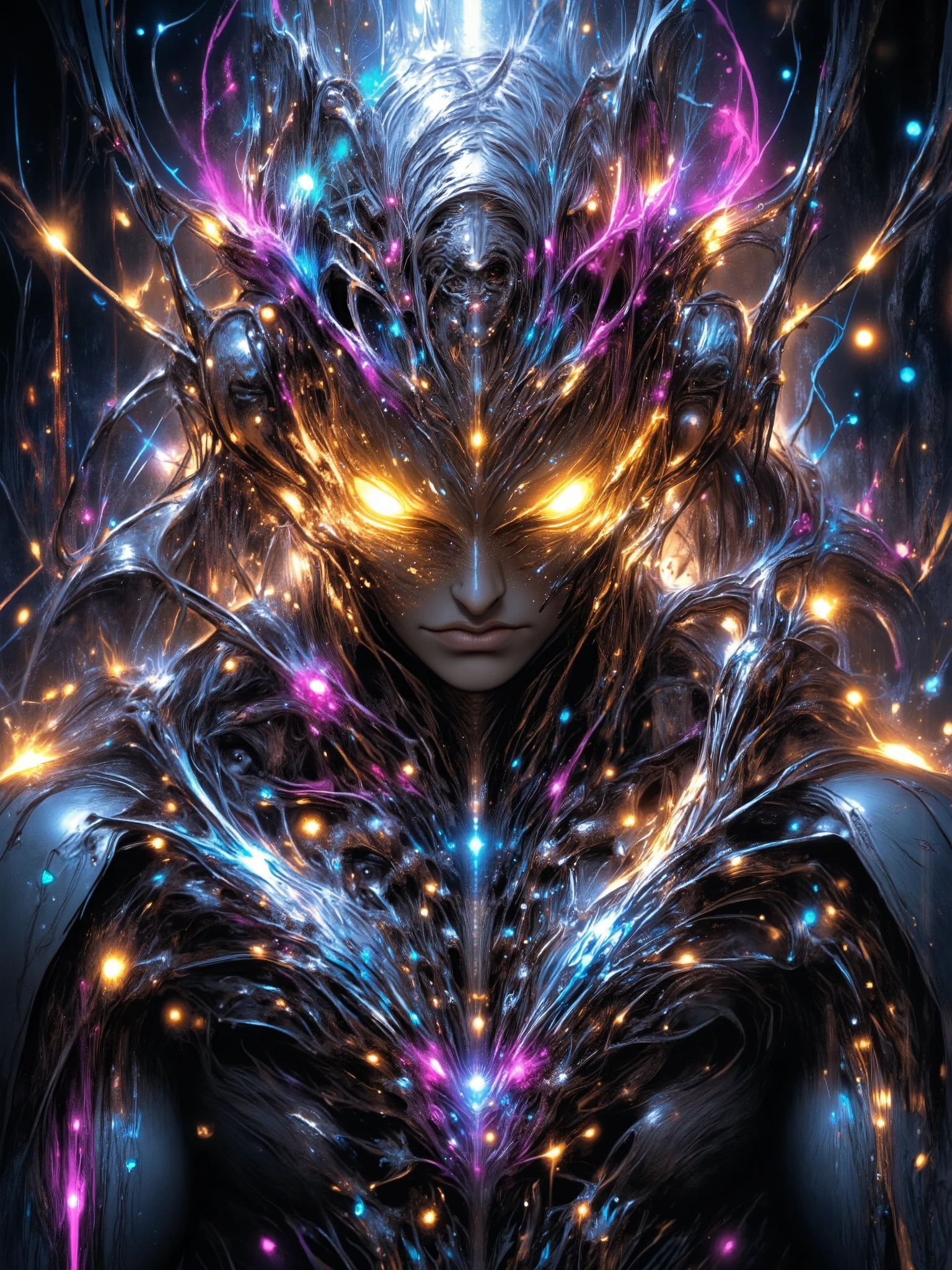 Anime biomechanical woman, ethereal cyberpunk fantasy, metallic wings, glowing runes, pastel colors, silver hair, luminous golden eyes, dreamy forest, soft mist, intricate details, soft lighting, highly detailed, fantasy sci-fi.