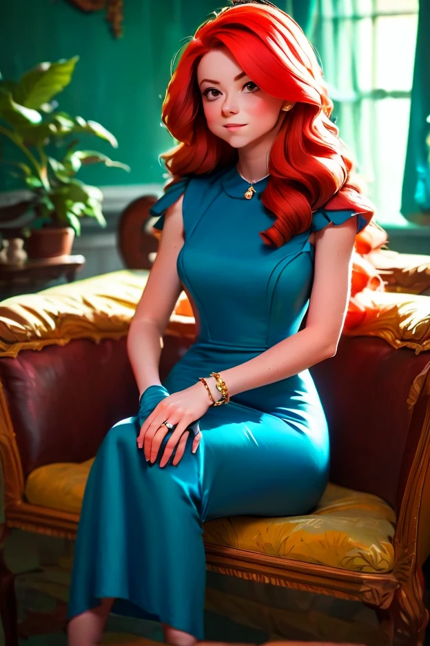 The most beautiful young ginger woman with long wavy ginger hair, beautiful blue eyes, cute freckles, aesthetic beautiful body in a green dress